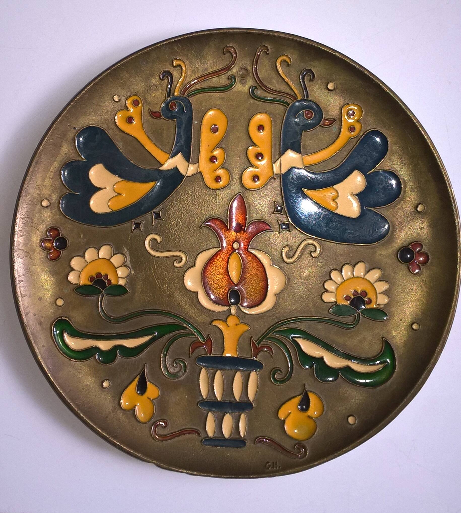 Old decorative brass and enamel wall plate signed GH