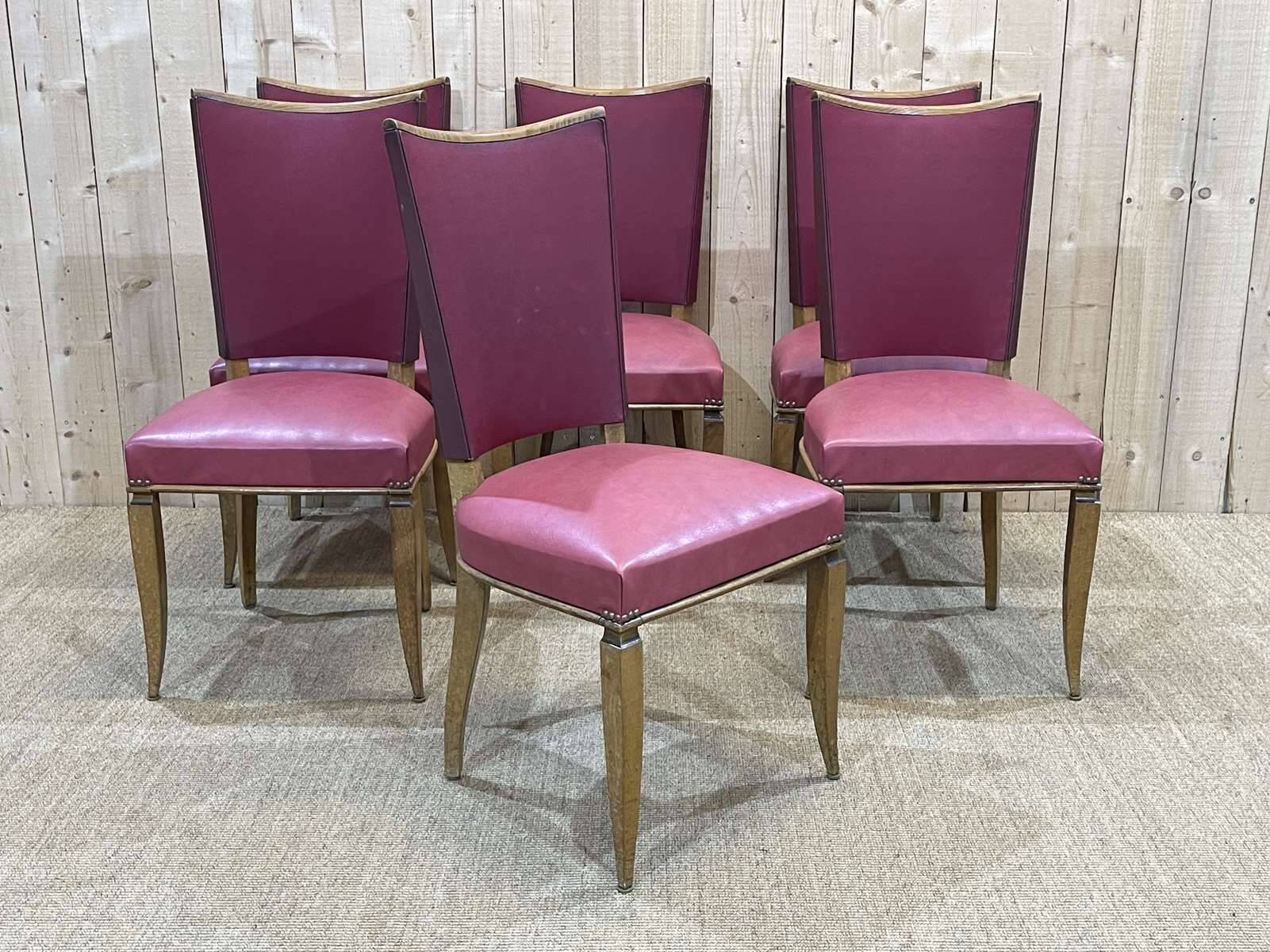Set of 6 beech chairs with skai in the style of Jules Leleu.