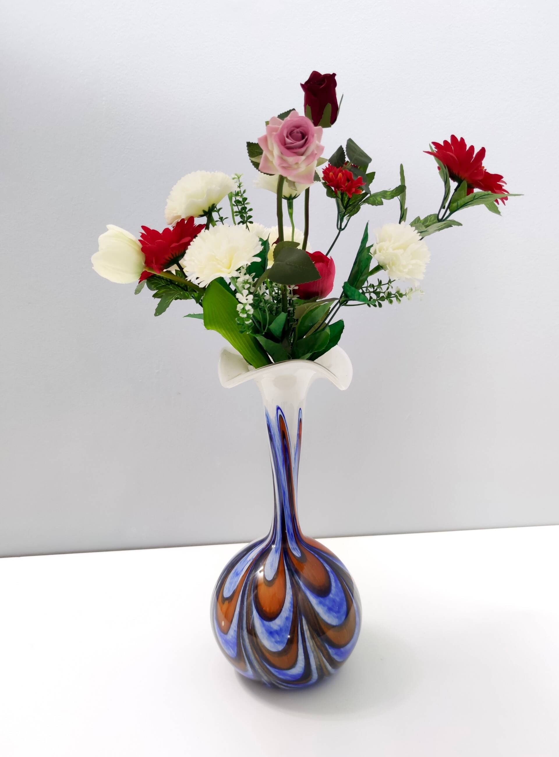 Large Orange, White and Blue Glass Vase by Opaline Florence, Italy