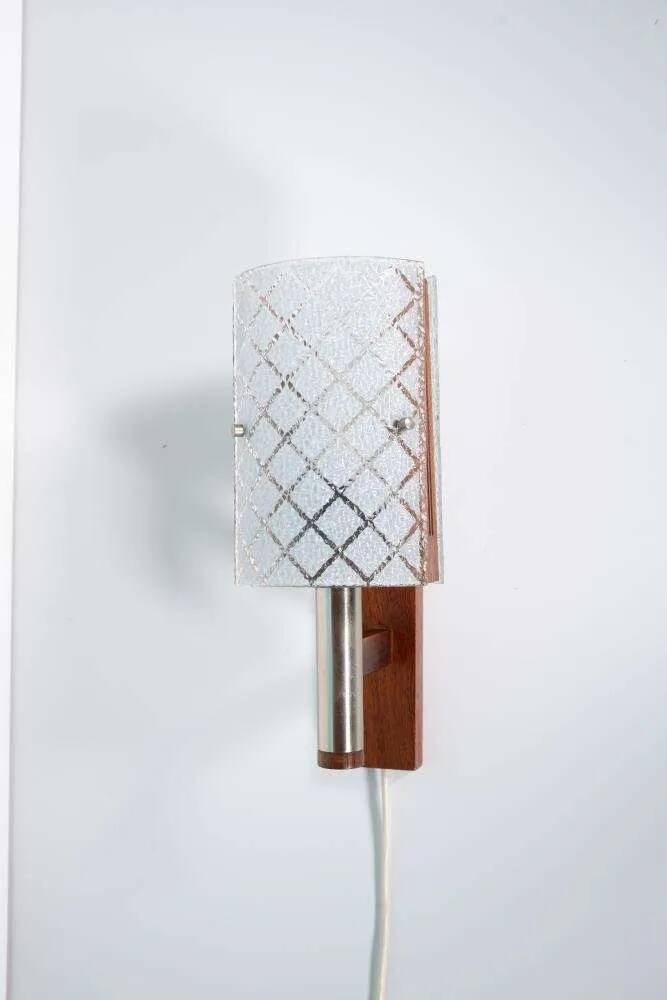 Vintage 1960s wall light, milk glass and bohemian teak.