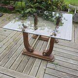 Table basse Art déco en verre, bois et laiton