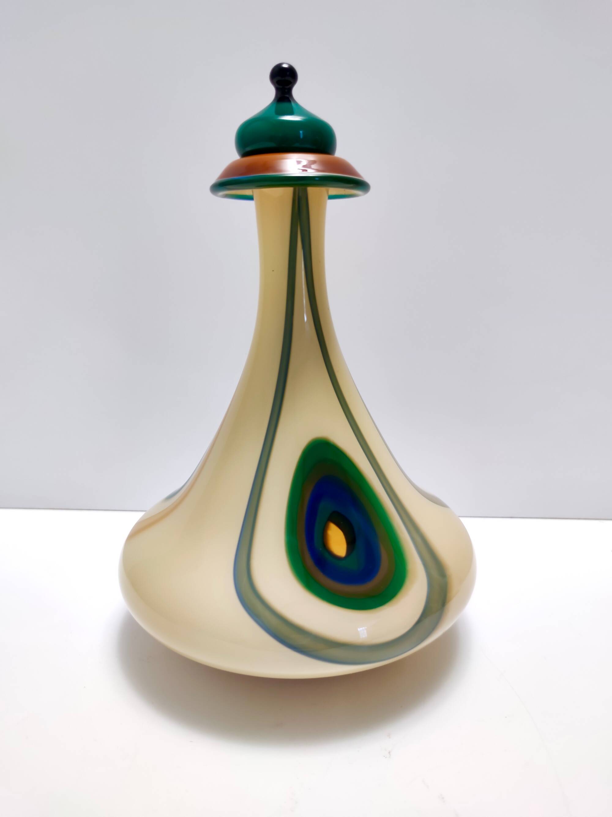 Beige Encased and Hand-blown Glass Decanter Bottle, Italy