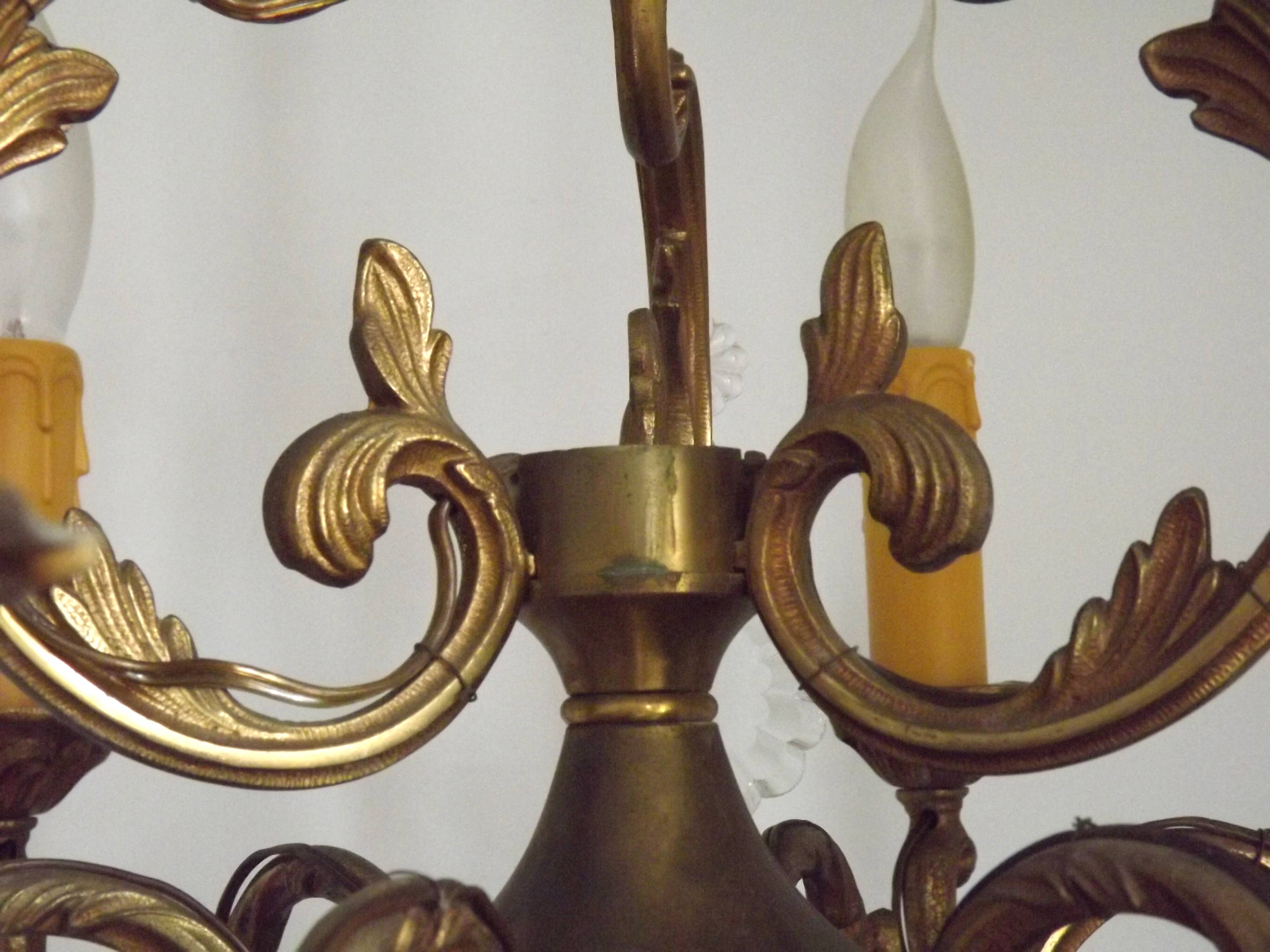Large French Art Nouveau Acanthus 6 Light Bronze & Crystal Cage Chandelier