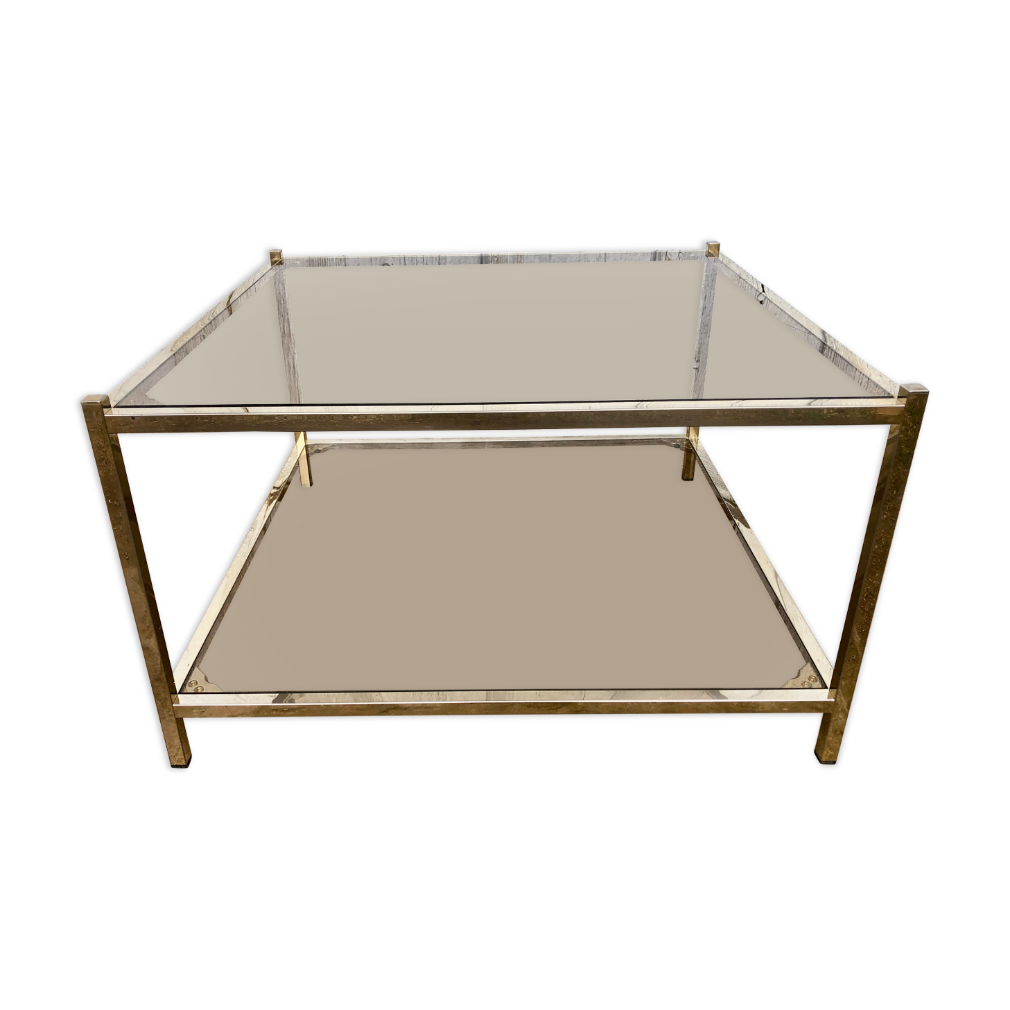Square brass coffee table and smoked glasses