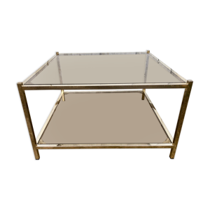 Table basse carrée laiton et verres fumés