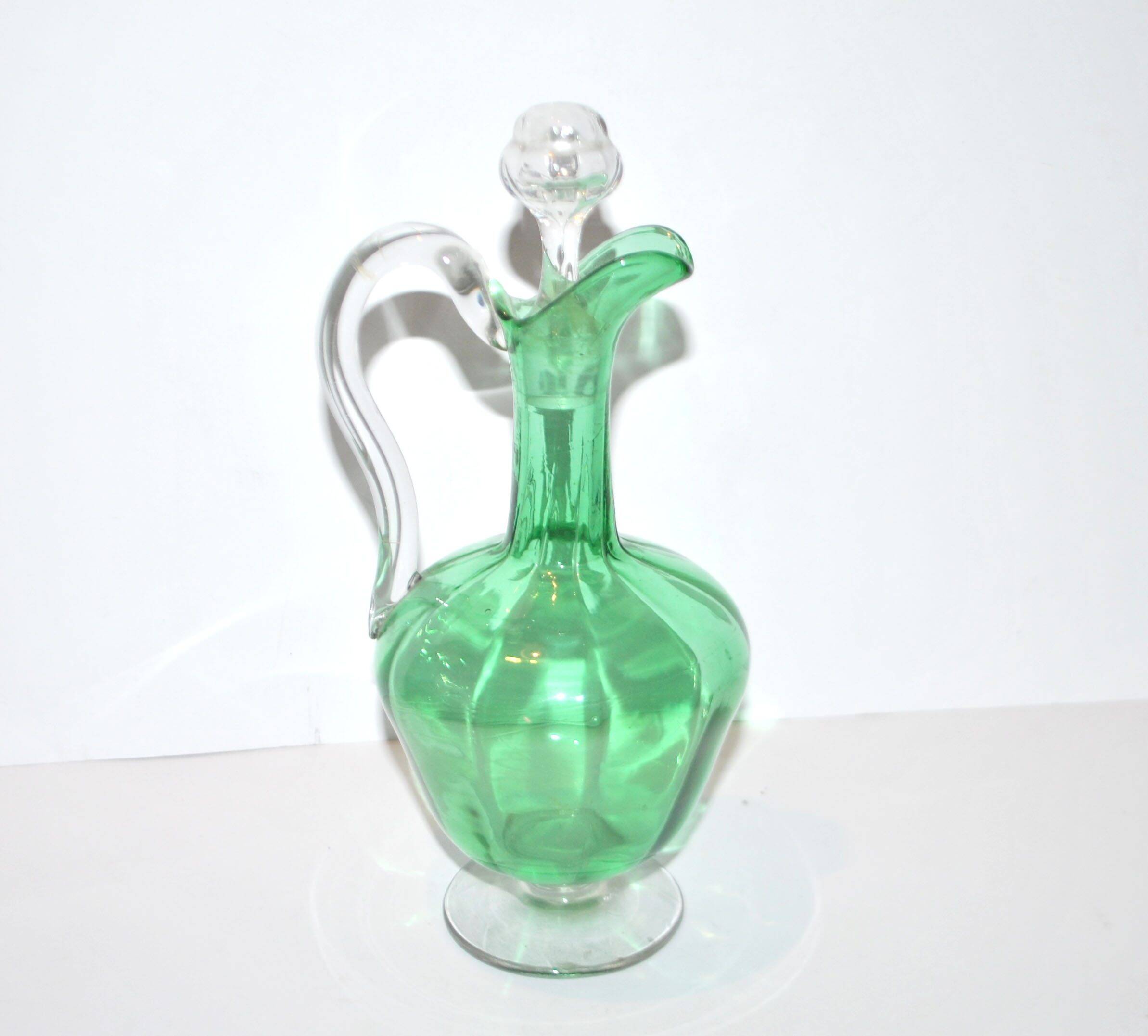 Green Venetian-ribbed crystal decanter – antique wine pitcher