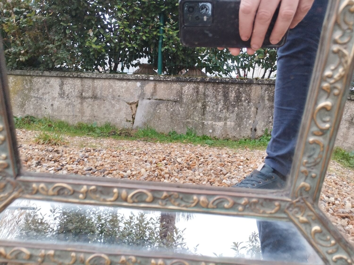 Antique mirror with copper moulding.