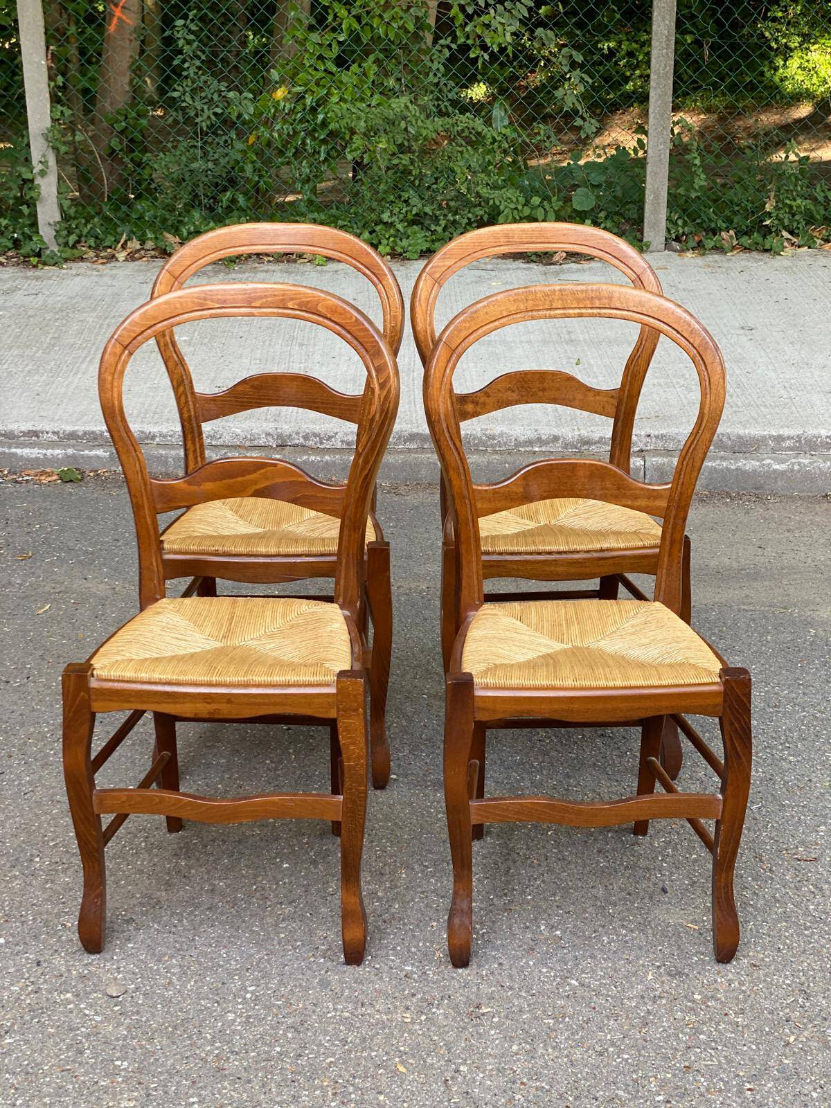4 Louis Philippe chairs, solid curved wood and straw