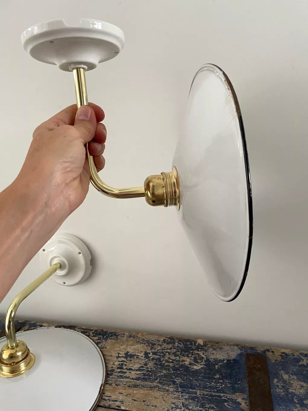 Set of two sconces in new electrified white enamelled sheet metal