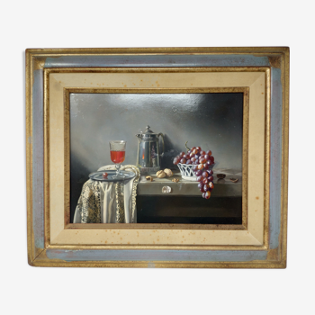 Peinture à l'huile nature morte Pierre Raser verseuse noix et raisin