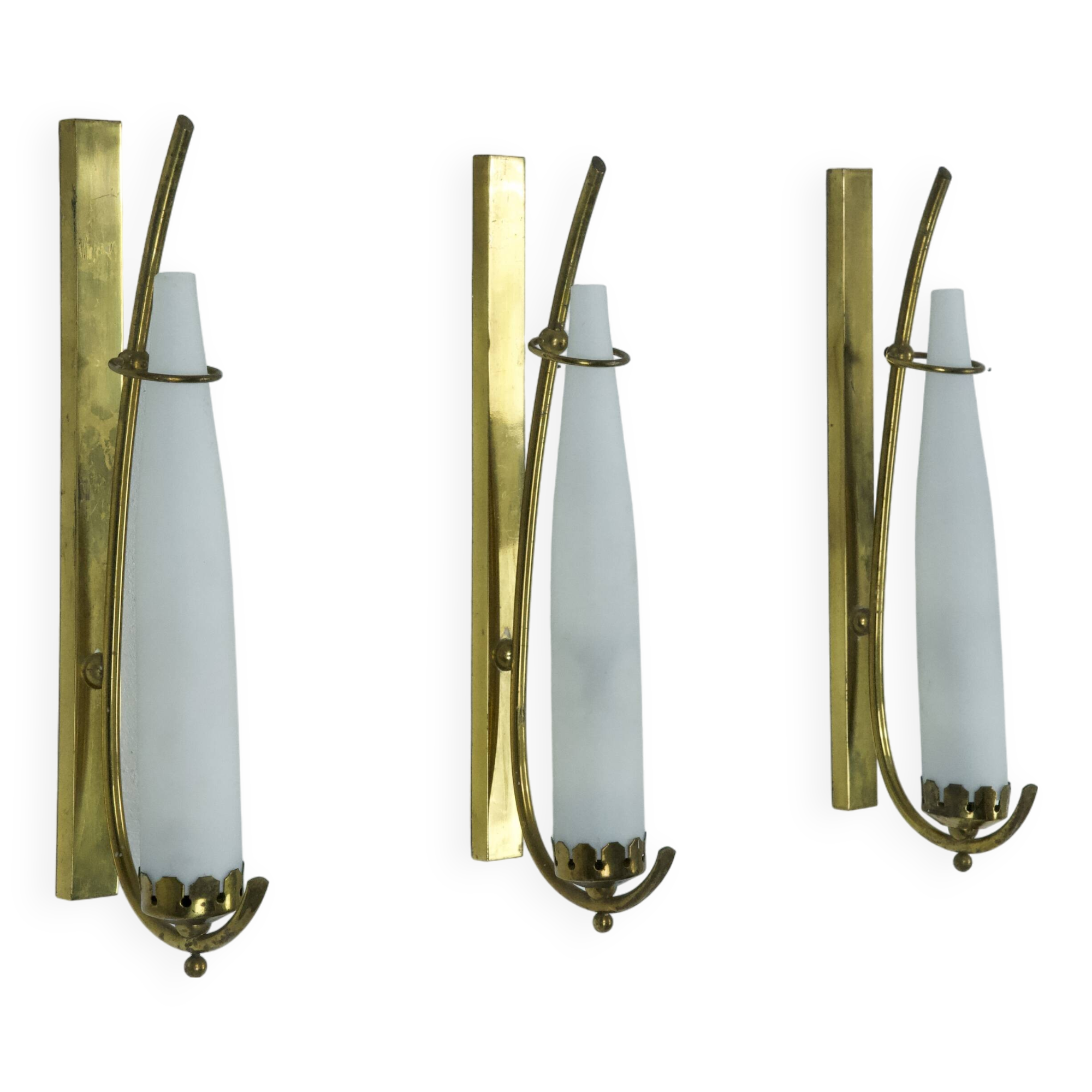 Set of three sconces in brass and triplex opaline glass. Italy 1950s