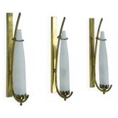 Set of three sconces in brass and triplex opaline glass. Italy 1950s