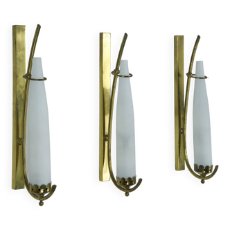 Set of three sconces in brass and triplex opaline glass. Italy 1950s