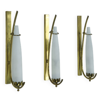 Set of three sconces in brass and triplex opaline glass. Italy 1950s