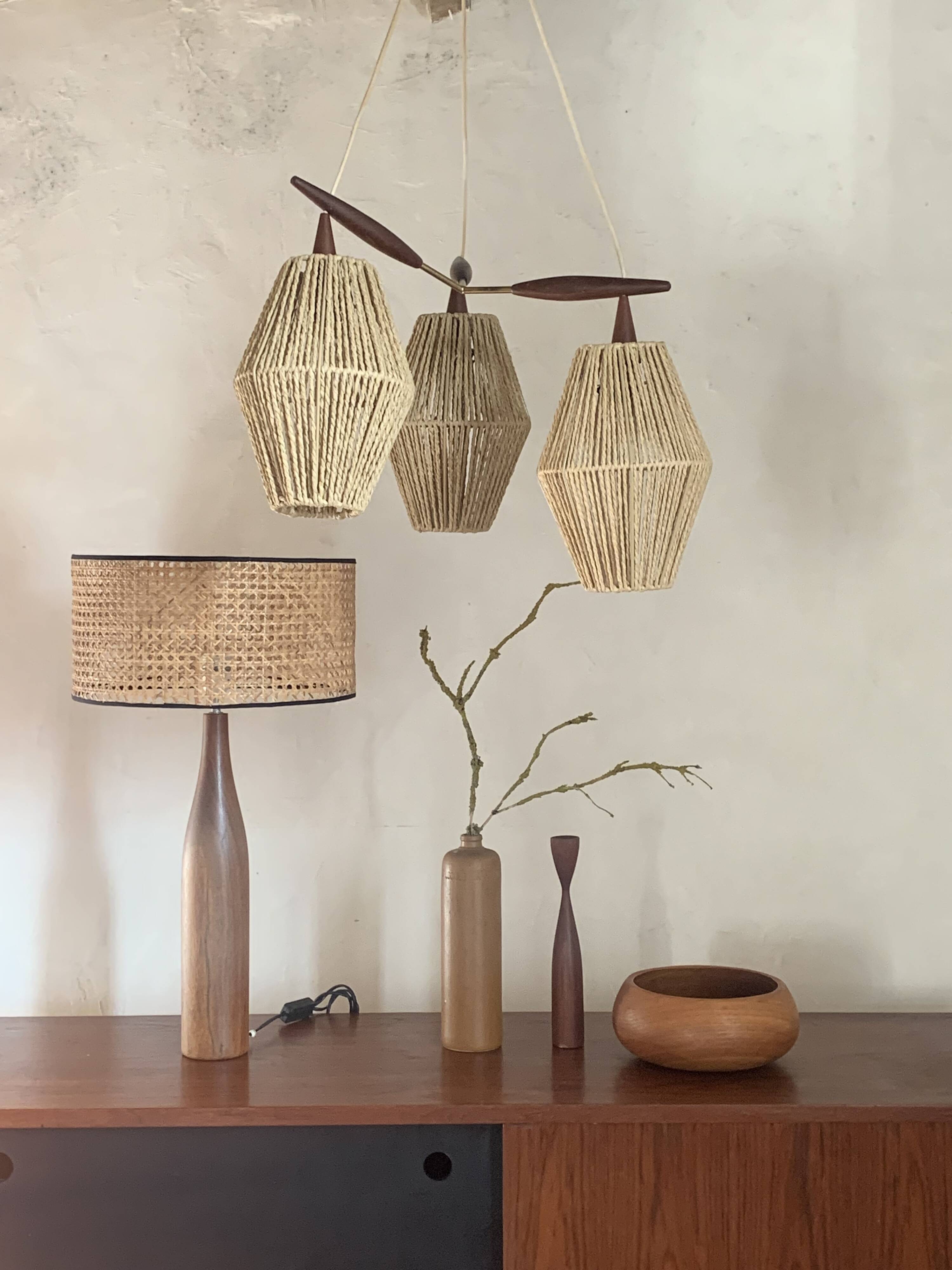 Scandinavian teak and rattan waterfall pendant light
