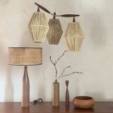 Scandinavian teak and rattan waterfall pendant light