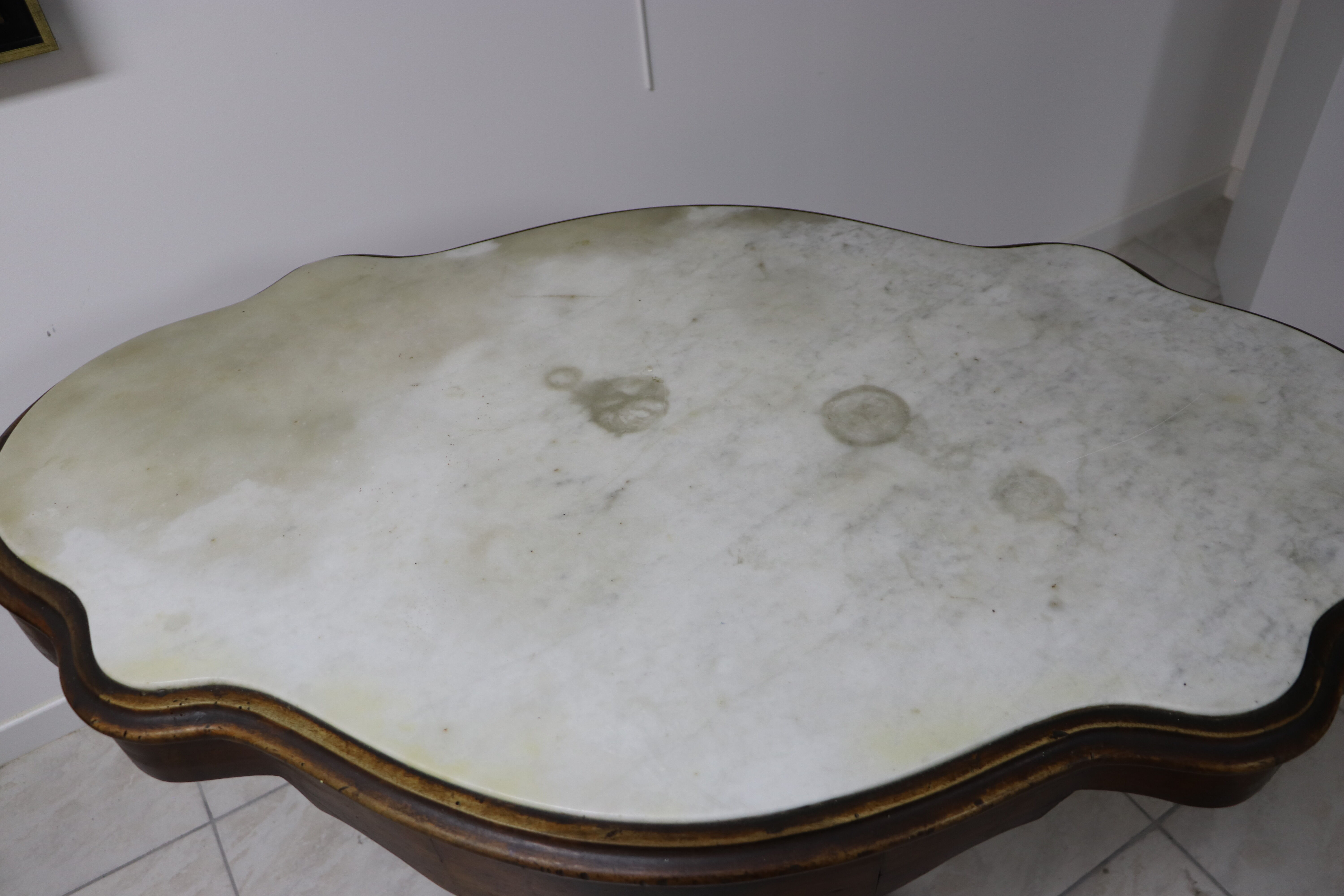 Art Deco wheeled table with 2 walnut drawers on white marble top