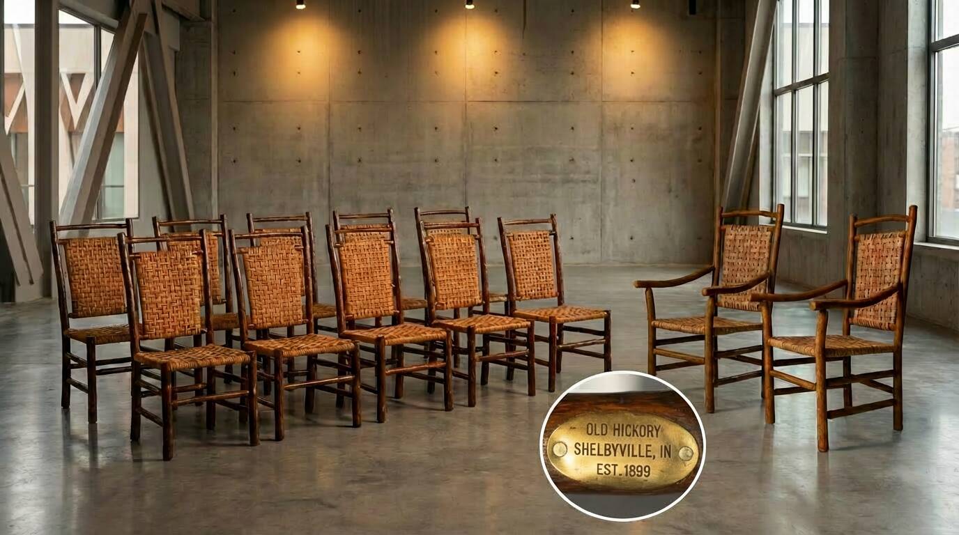 Set of 10 chairs and 2 armchairs Old Hickory 1960