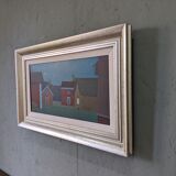 Style moderniste contemporain suédois « Maisons à minuit » Peinture à l’huile encadrée de scène de rue, 1998