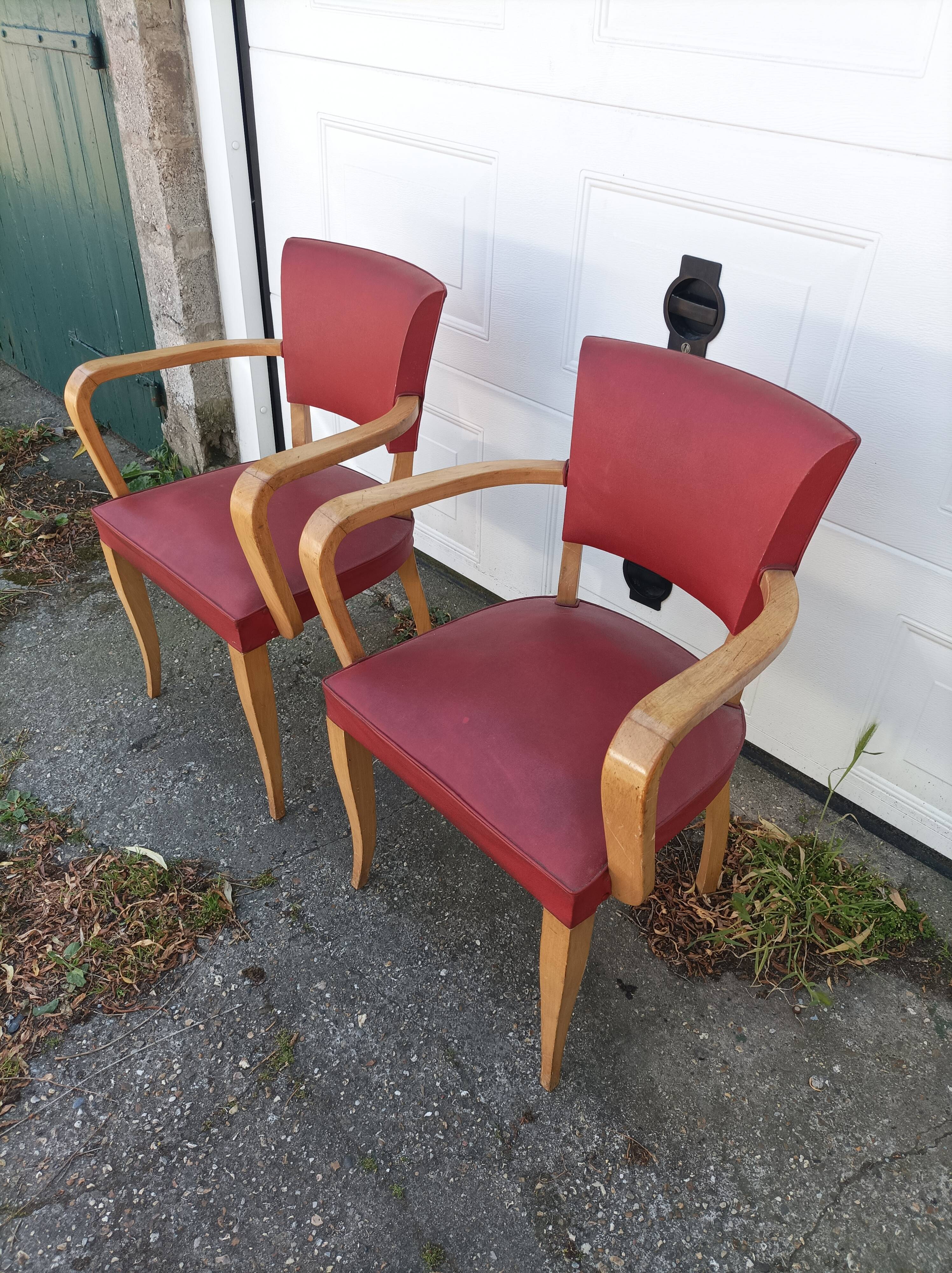 Pair old armchairs bridge skaï red chair