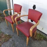 Pair old armchairs bridge skaï red chair