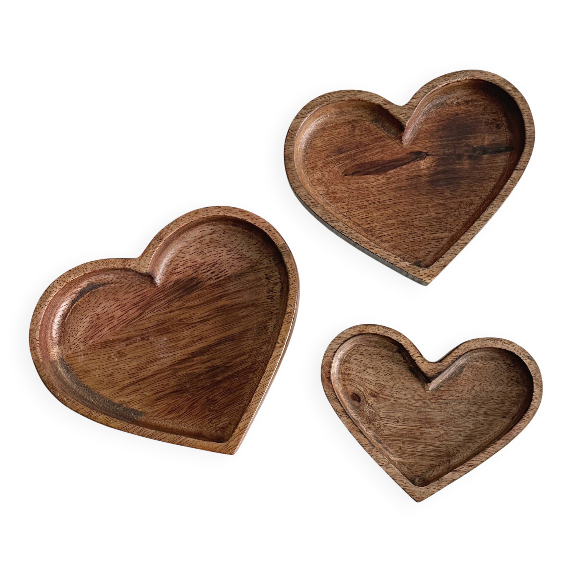 Set of 3 wooden heart-shaped bowls