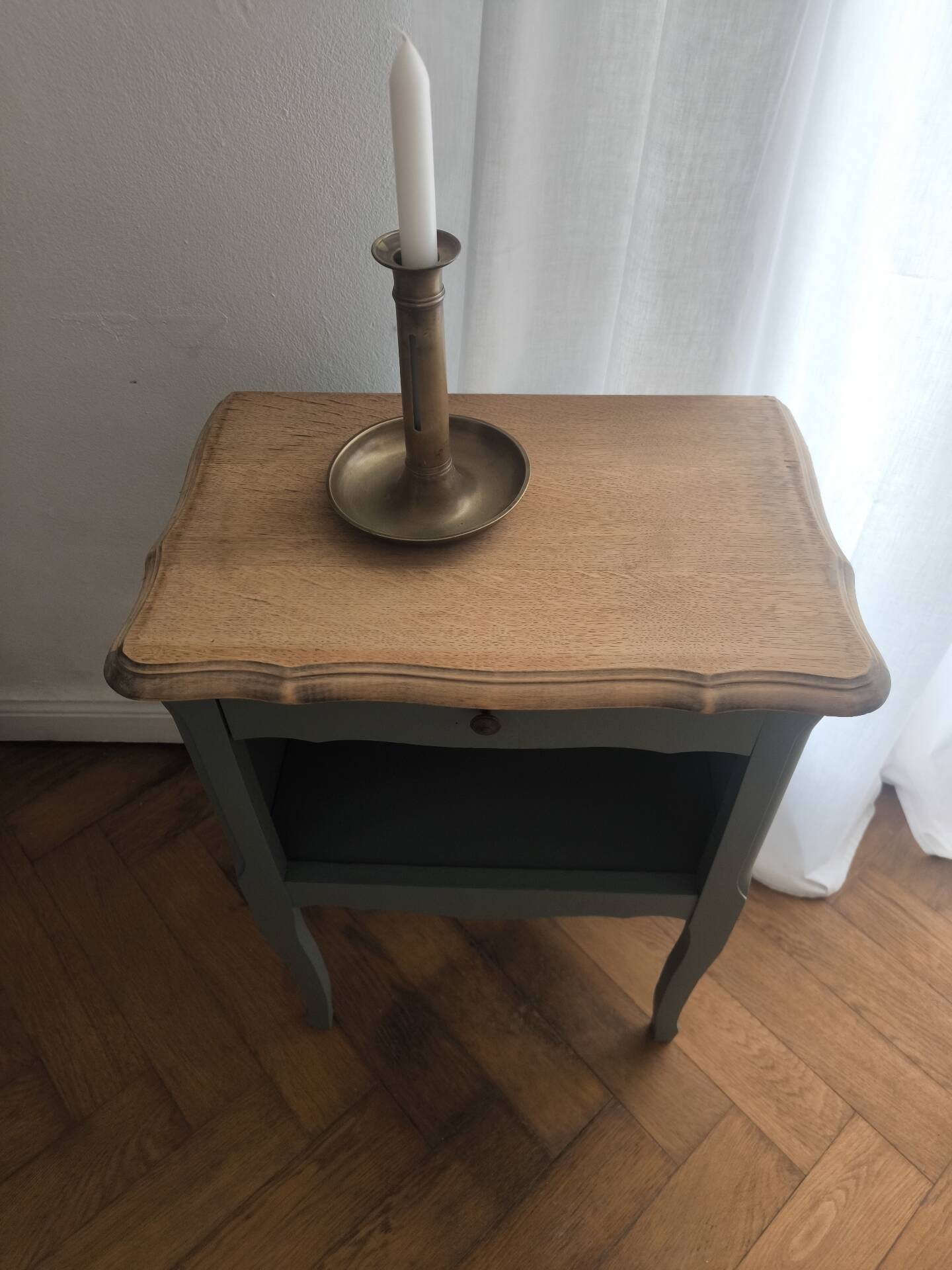 Louis XV bedside table revamped in solid oak and sage green/grey green.