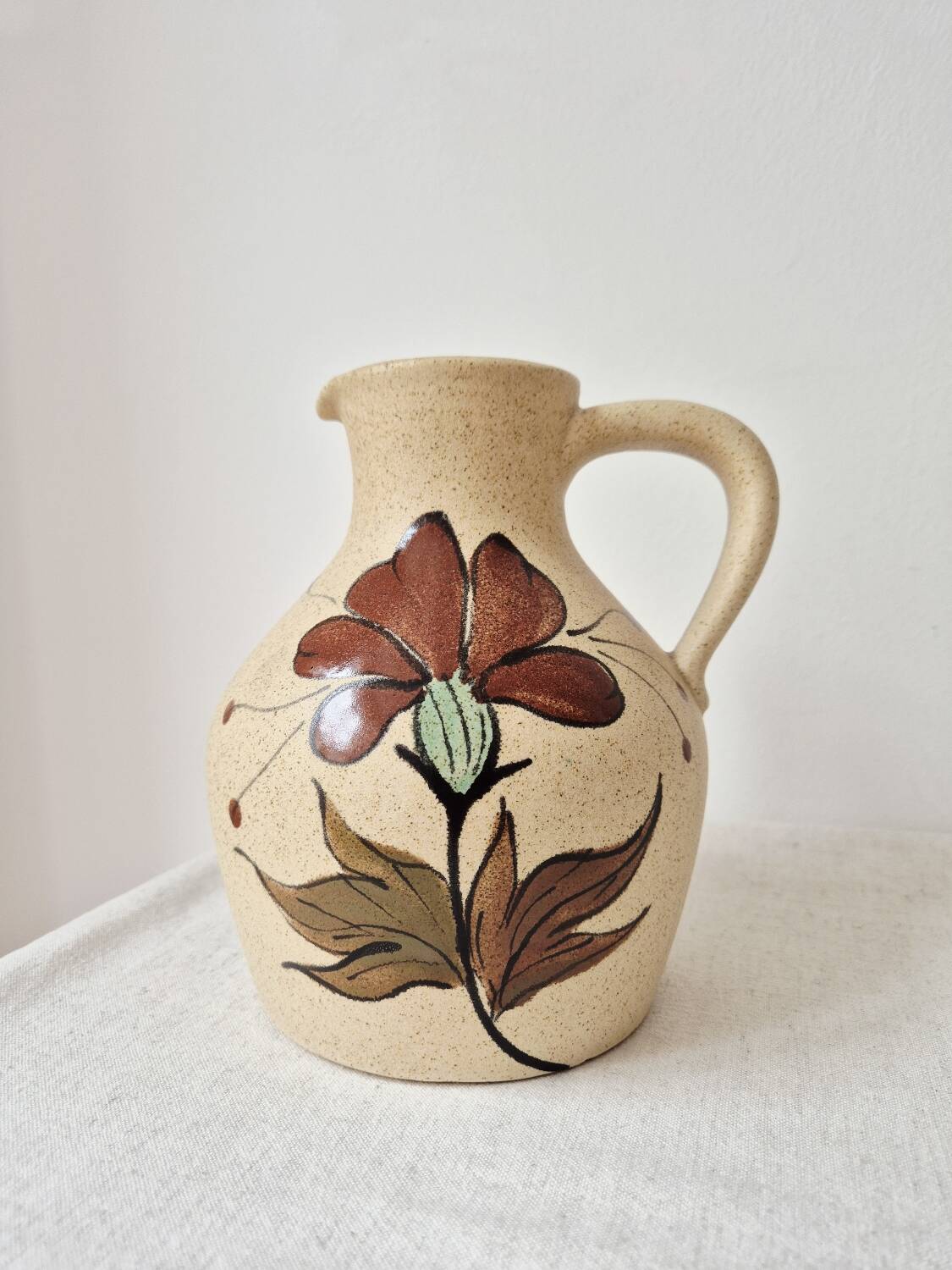 Speckled stoneware carafe with floral decoration signed - Vintage