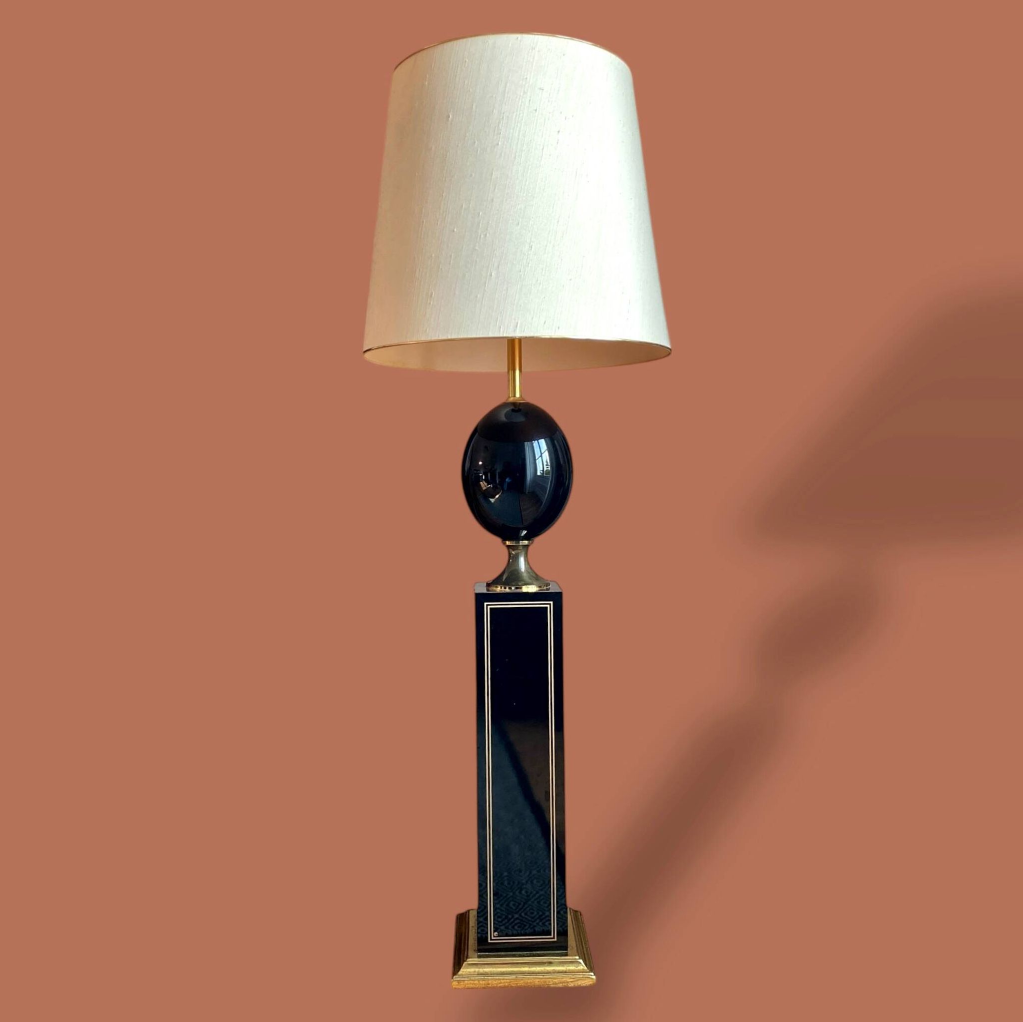 Vintage 1980 Floor Lamp by Le Dauphin in black lacquer and gold brass - 1.5m