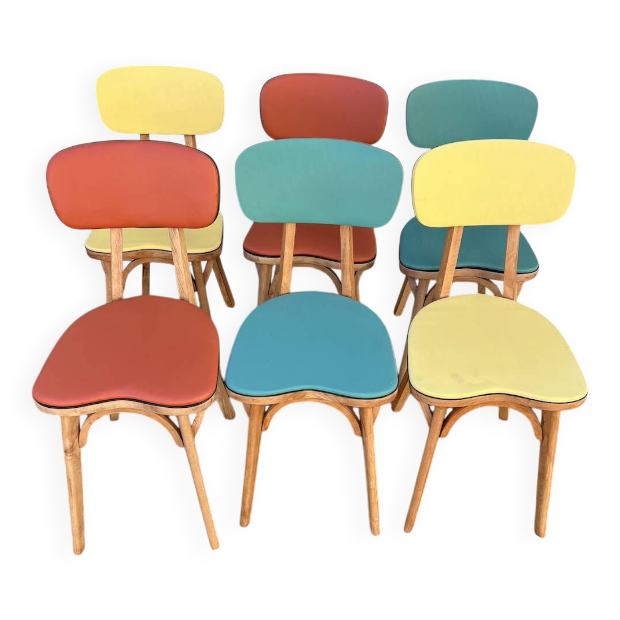 (Lot) 6 Multicoloured Compass Leg Chairs