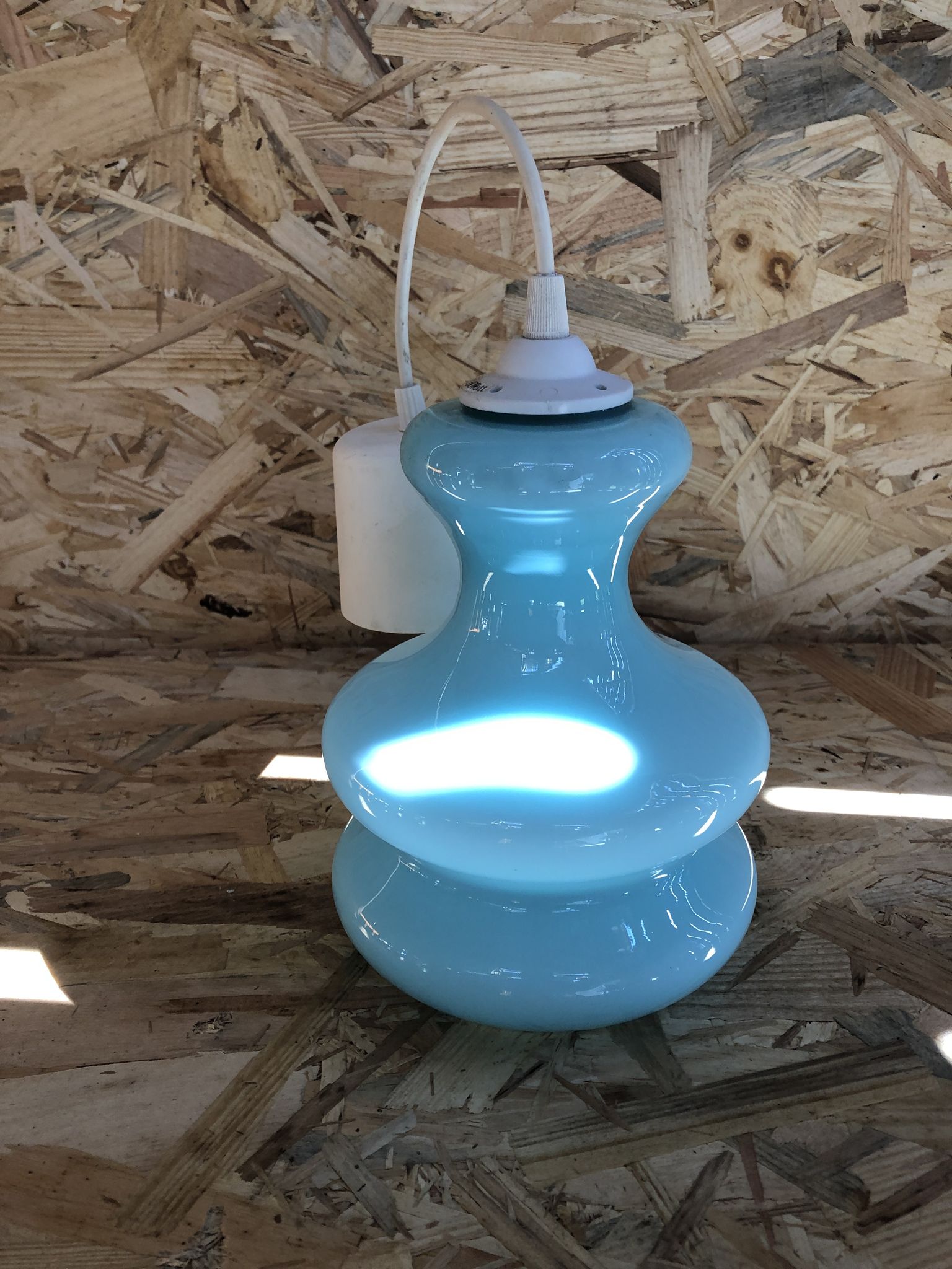 Old Suspension Opaline Blue + Thread White Decoration 70s Vintage