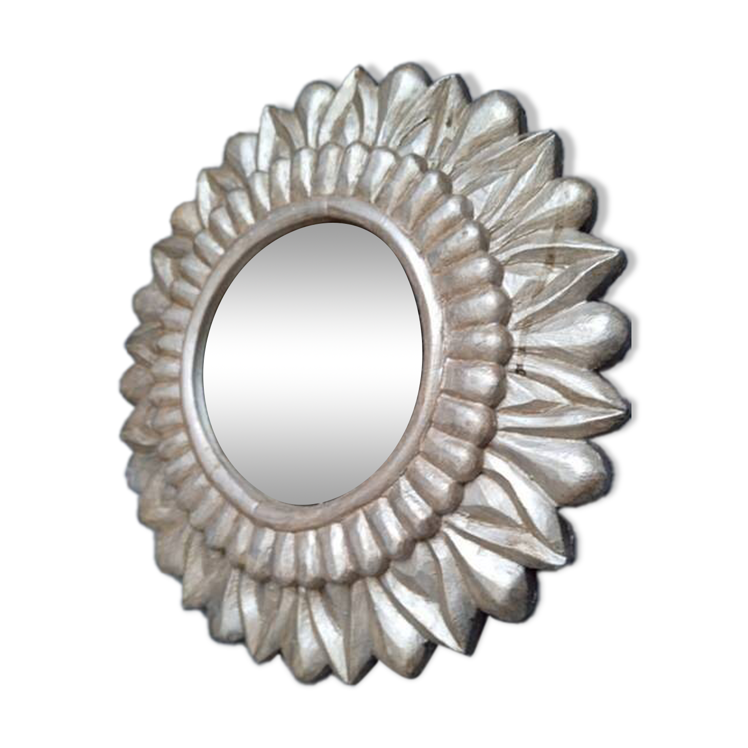 Carved wood sun mirror 40cm silver ep 1960