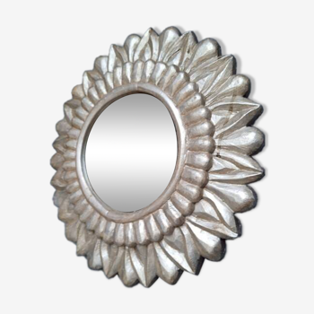 Carved wood sun mirror 40cm silver ep 1960