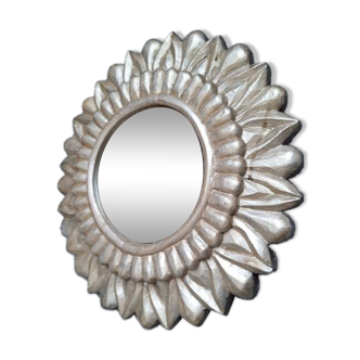 Carved wood sun mirror 40cm silver ep 1960