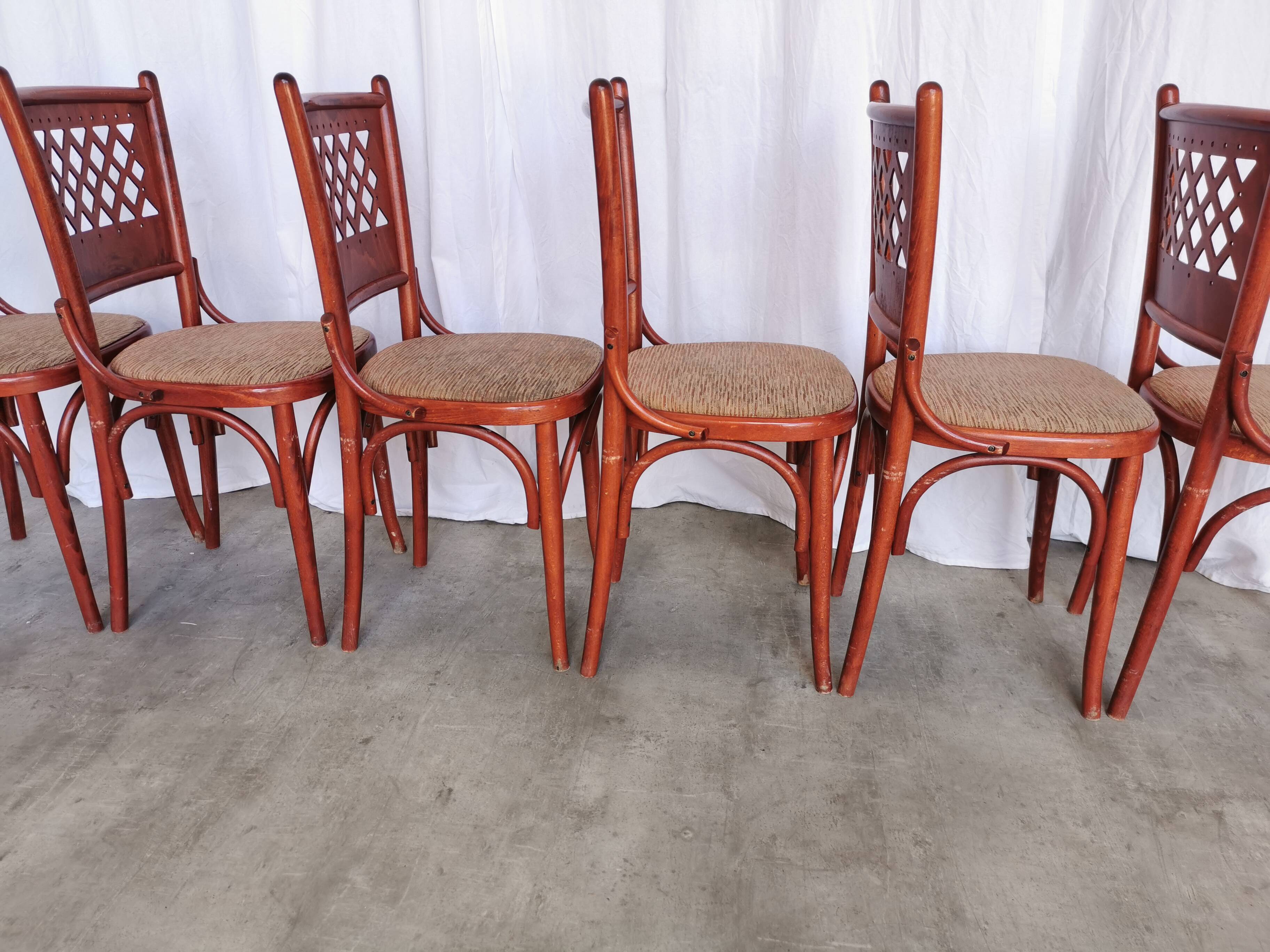 Vintage Italian Bistro Chairs - 1980s Reddish Wood, Brown Fabric - Set of 6