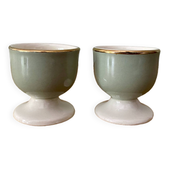 Set of two vintage egg cups in khaki and gold ceramic