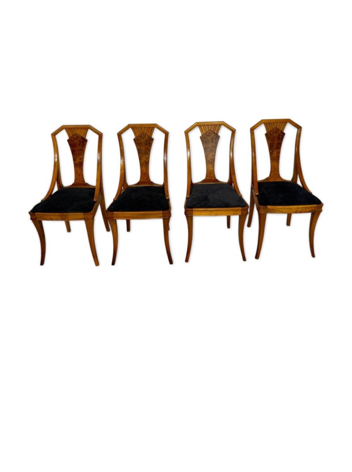 4 walnut burl wood chairs from the 1920s Art Nouveau period.