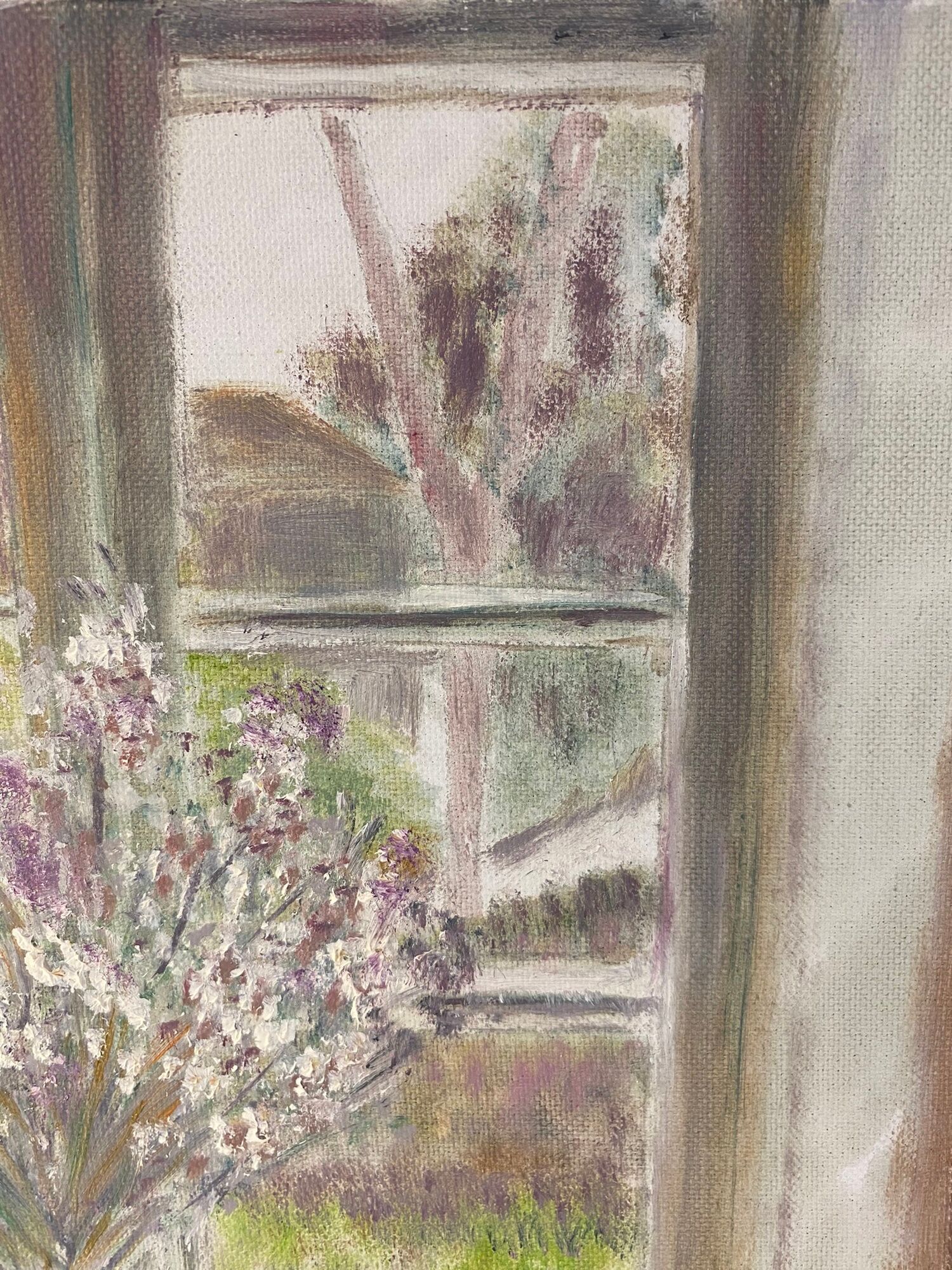 Old painting, still life with bouquet of flower and cat 80s