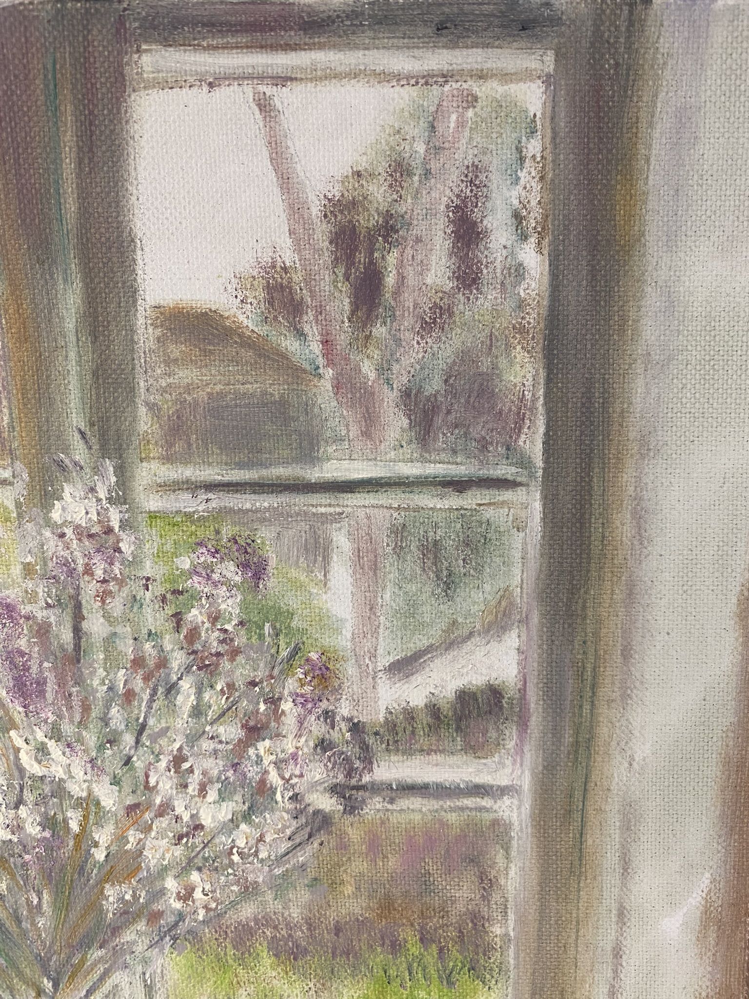 Old painting, still life with bouquet of flower and cat 80s