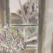 Old painting, still life with bouquet of flower and cat 80s