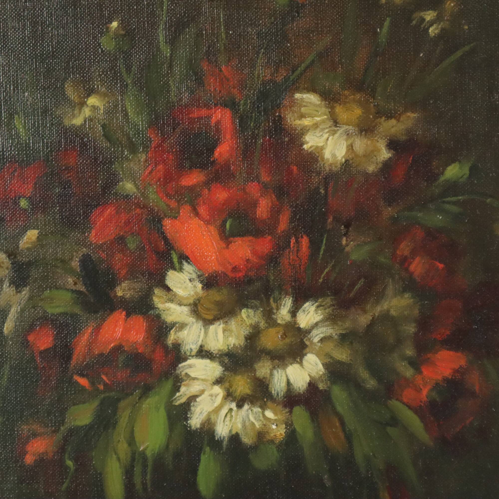 Flowers Still Life Painting Oil on Canvas Amateur Signed