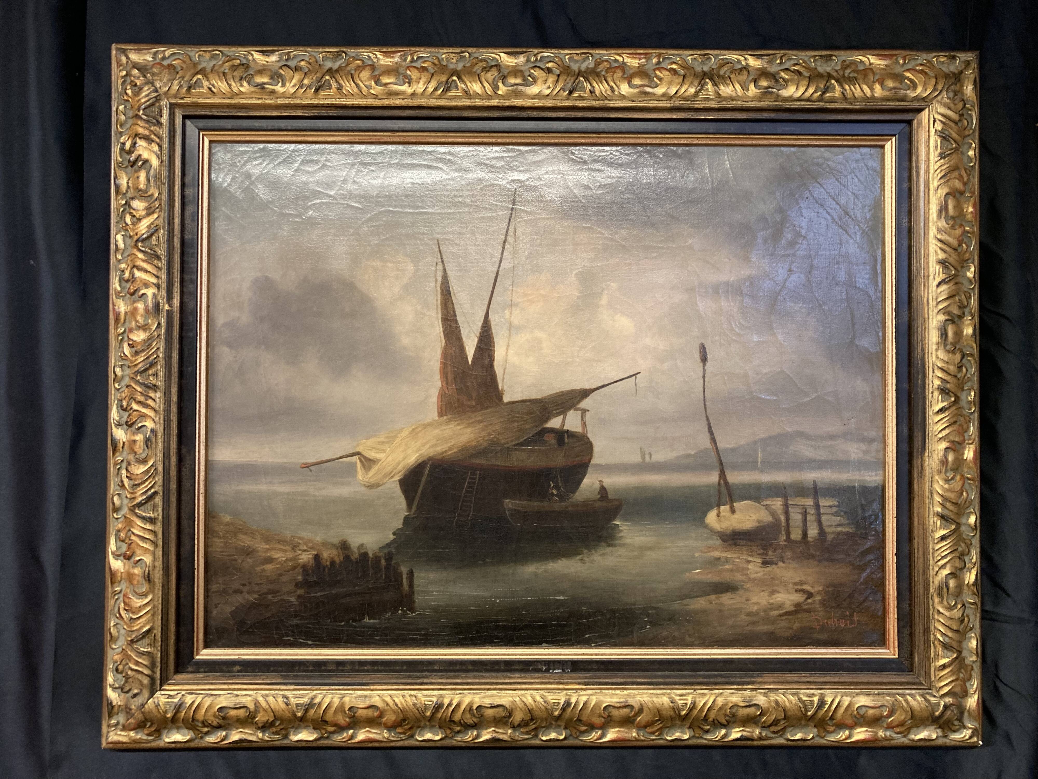 19th century oil on canvas, Low Tide, Framed Seascape