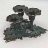 3-flower brass candlestick with green patina