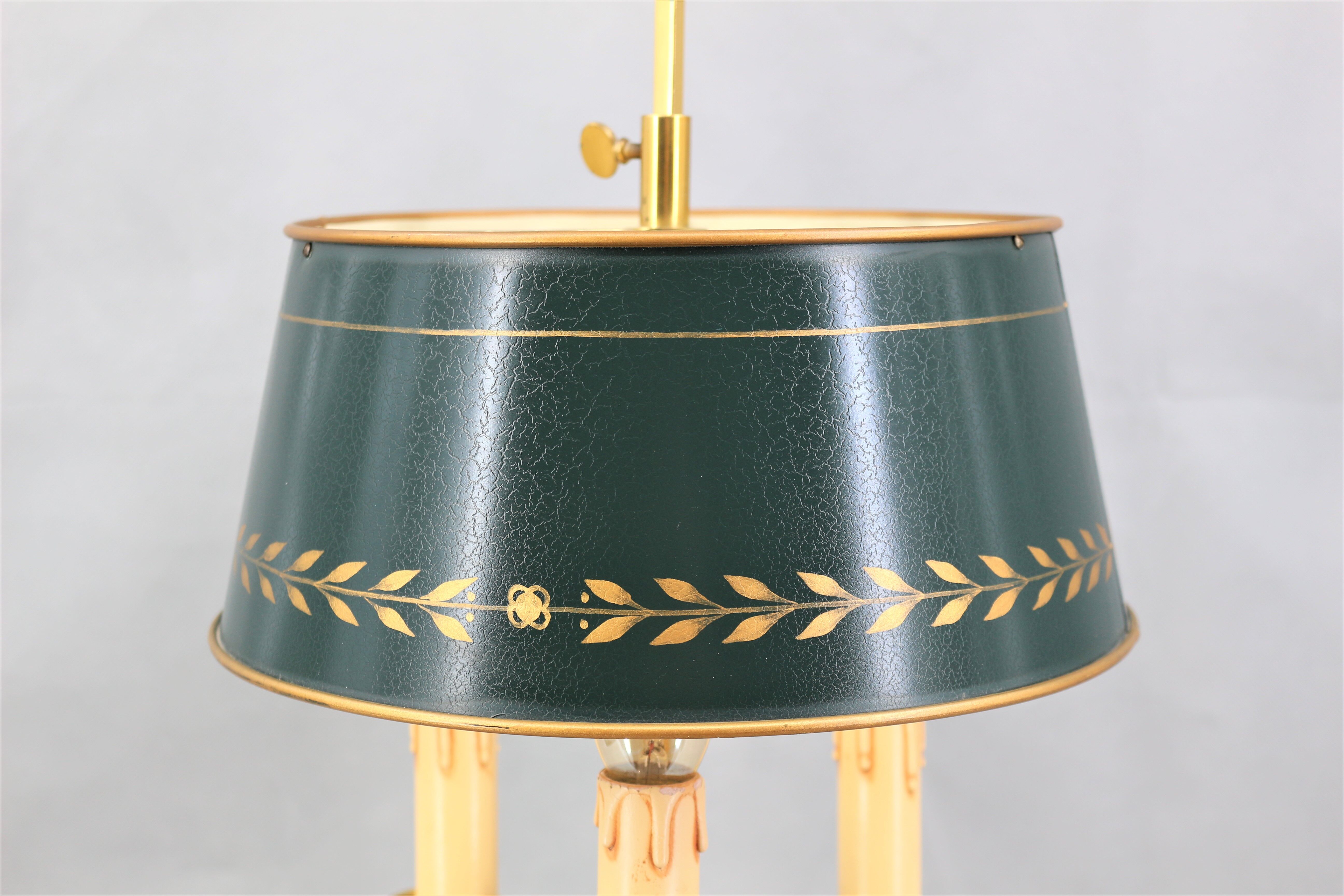 Louis XVI style bronze hot water bottle lamp, Three lights, Lampshade painted in cracked green