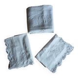 Ensemble ancien drap plat et 2 taies d'oreiller