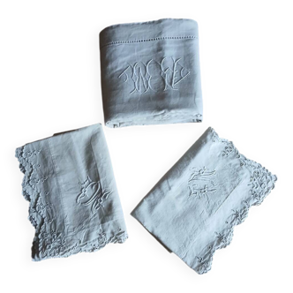 Ensemble ancien drap plat et 2 taies d'oreiller