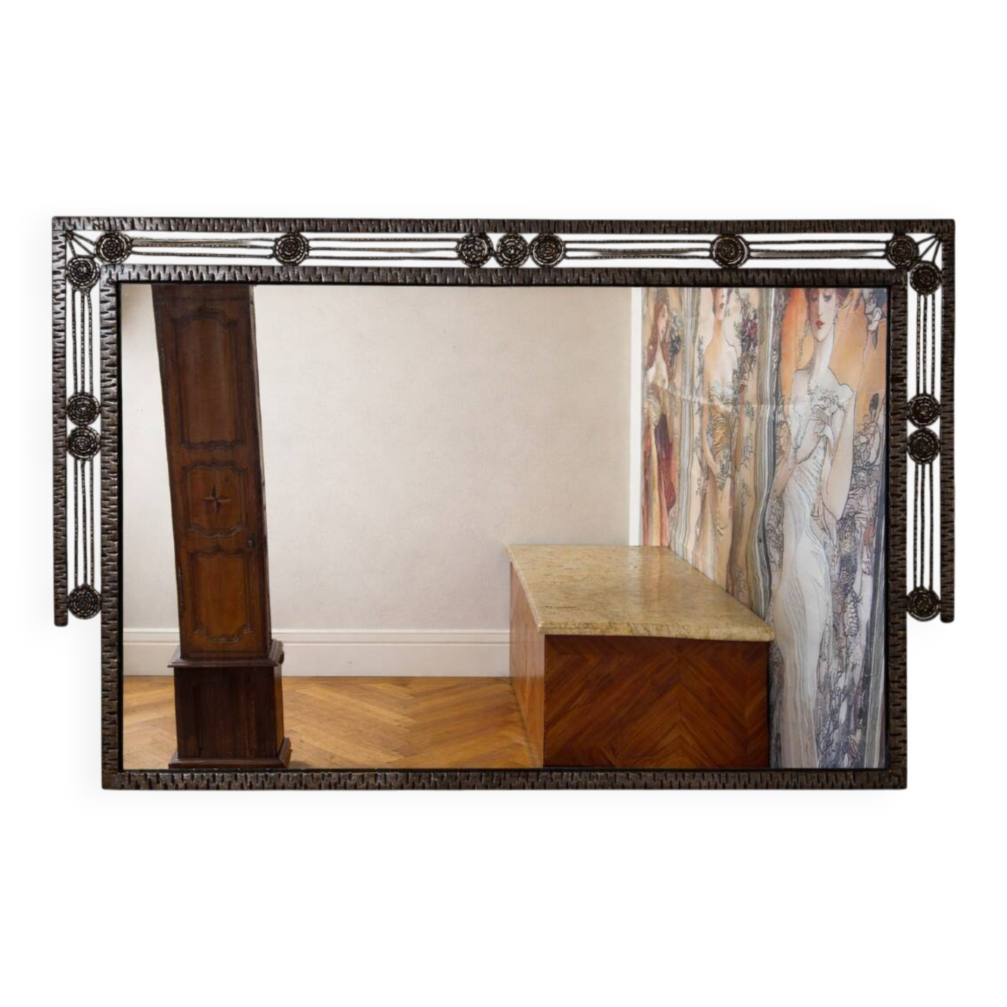 Large Art Deco mirror in hammered iron – Geometric decoration with rosettes