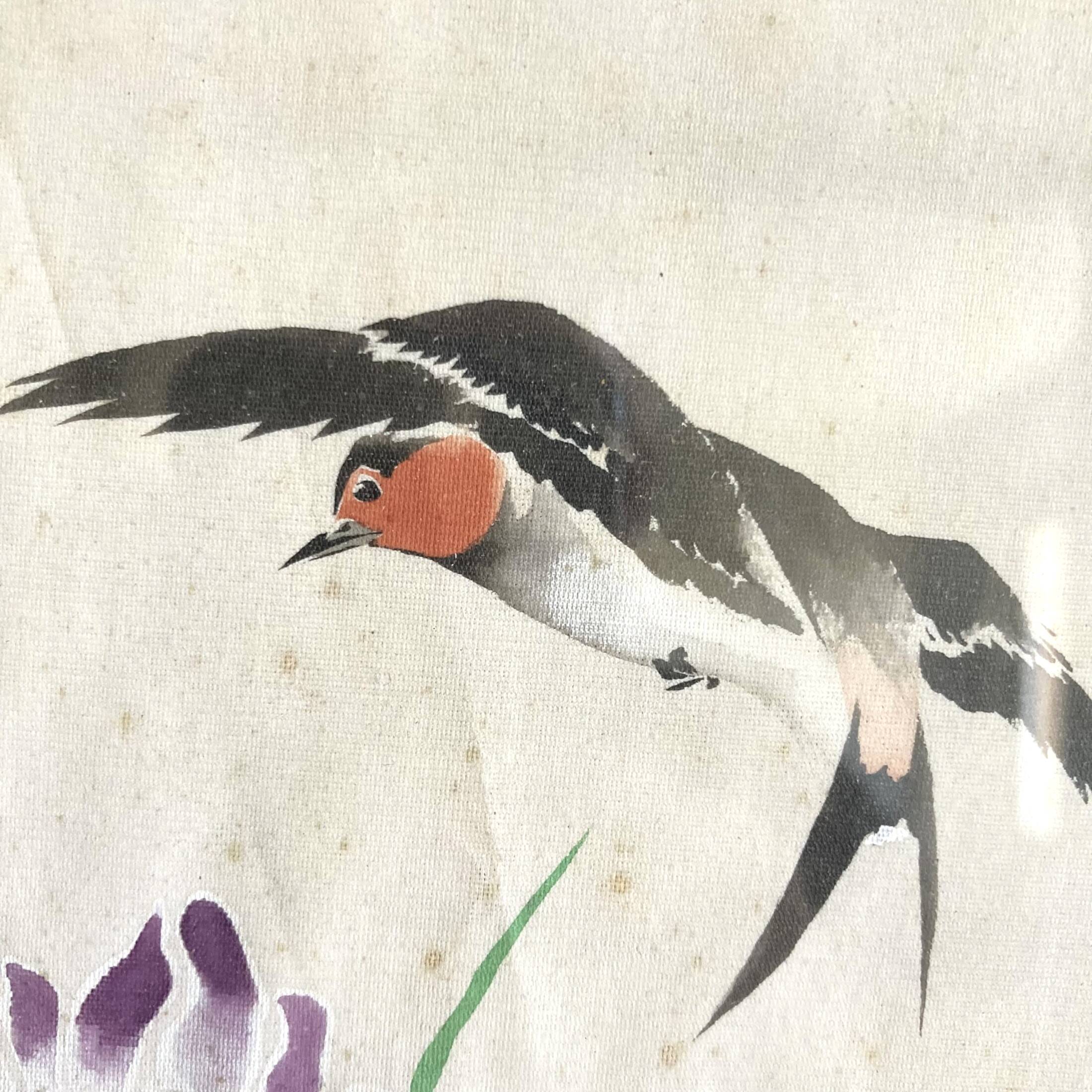 Small Japanese painting bird and iris Okada vintage old watercolor