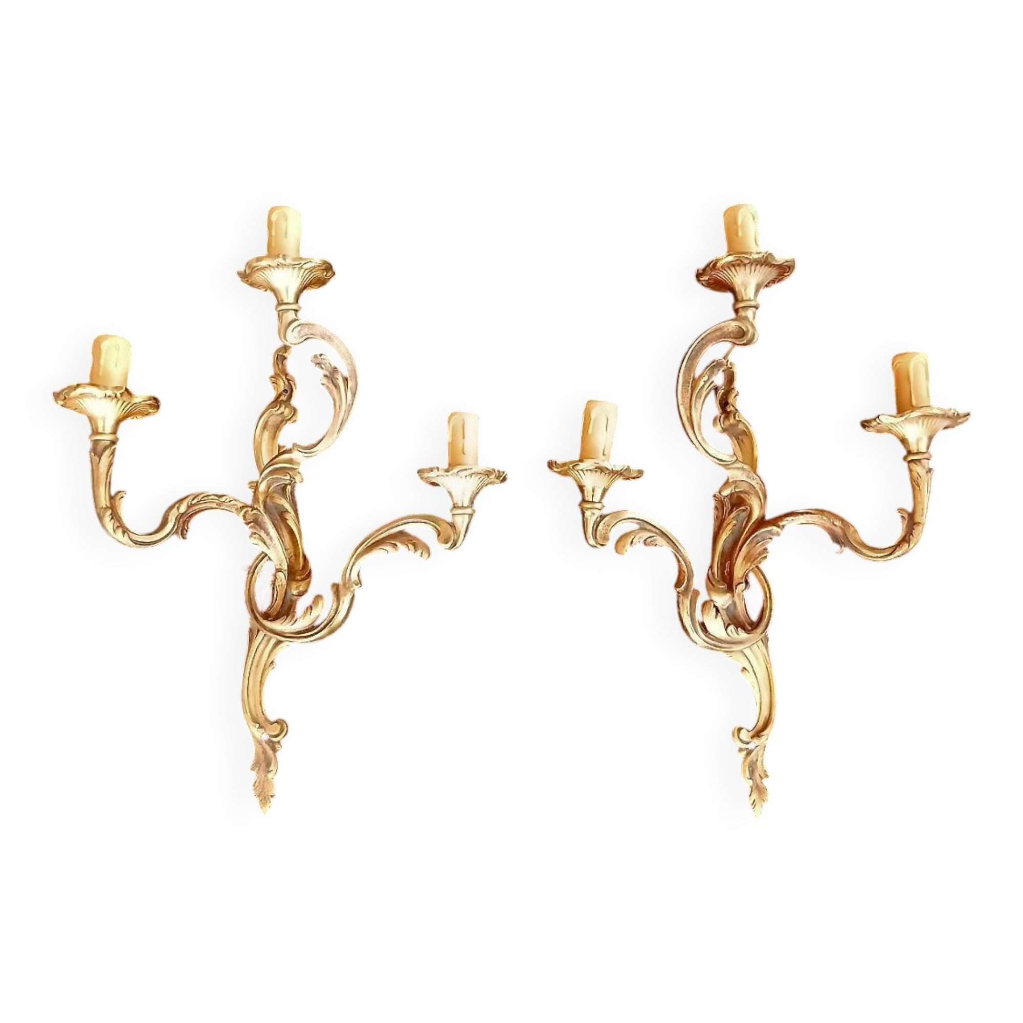 2 or more bronze wall lights in Louis XV rococo style with 3 arms.