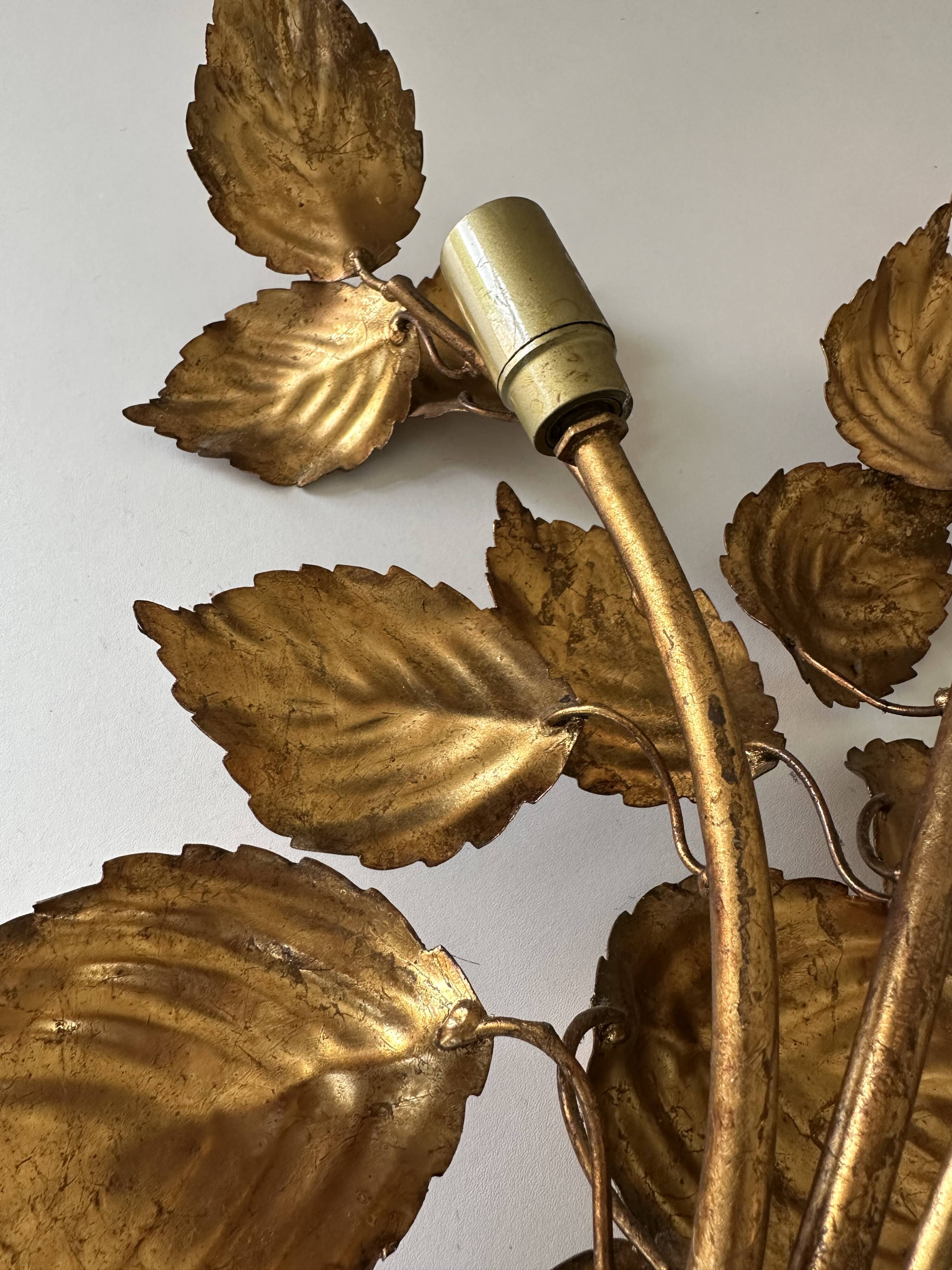 Large golden leaf wall lamp vintage design 70s